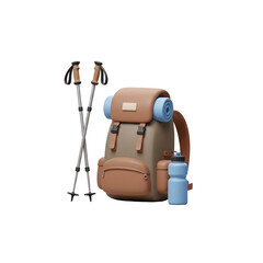 3d Illustration Hiking backpack and trekking poles set