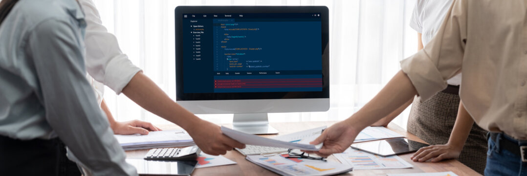Software development programming on computer screen for brisk application and program coding