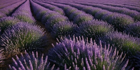Naklejka premium Wellenförmige Lavendelreihen in voller Blüte – ein harmonisches Zusammenspiel aus Farbe, Licht und Natur