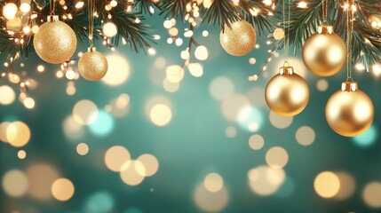 Gold Christmas ornaments hang on a decorated tree branch