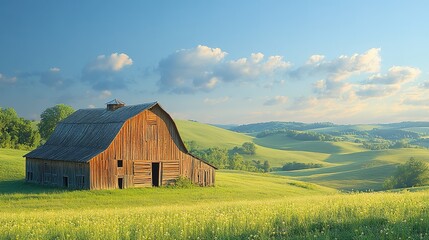 Rustic Barn in a Lush Green Field Under a Cloudy Blue Sky