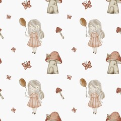 Fairies, castles, and butterflies in a magical watercolor design for fabric and wallpaper