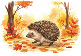 Autumn Stroll: A Cute Hedgehog in Fall Foliage - A charming hedgehog amble through an autumn forest, symbolizing nature, cuteness, tranquility, the changing seasons, and wildlife
