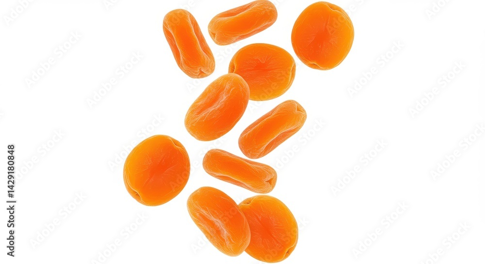 Poster scattered dried apricots on a white background creating a simple and clean food presentation