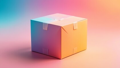 Obraz premium Colorful Gradient Cardboard Box Sealed with Tape on Pink Background Perfect for Packaging and Delivery Concepts