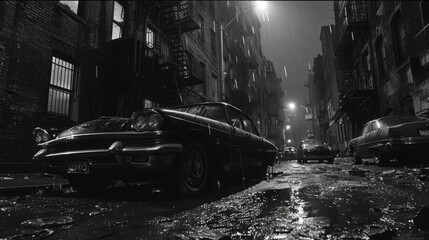 Obraz premium New York City streets, in the ghetto, at night, black and white camera angle slightly up.