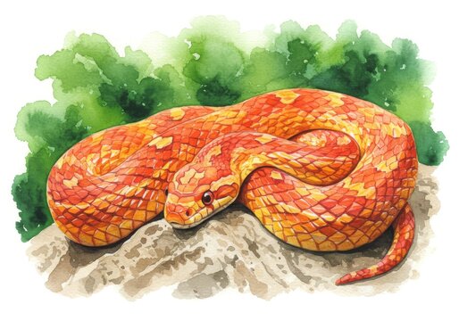 Corn Snake on Rock - A vibrant corn snake rests gracefully on a rock, symbolizing nature, tranquility, beauty, wildlife, and reptile elegance