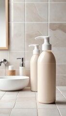 Elegant Beige Pump Bottles in Modern Bathroom Setting Stylish Lotion Dispensers on Tiled Countertop