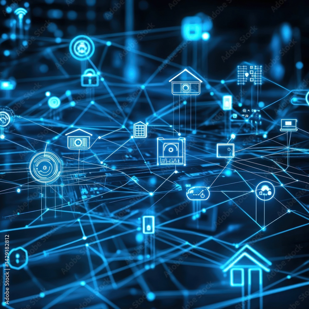 Poster networked interconnected systems. a visual representation of smart home, city, and data connection