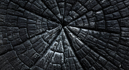 Obraz premium Charred Tree Stump Reveals Concentric Growth Rings Pattern Darkened By Fire