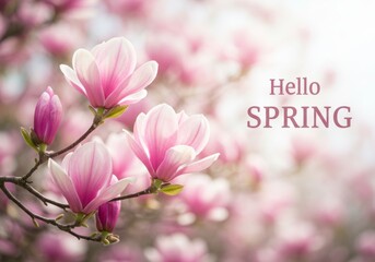 Obraz premium Hello Spring Magnolia Blossoms - Delicate pink magnolia flowers in full bloom, a beautiful spring scene. Perfect for spring themes, nature, and floral designs