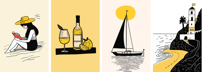 Summer holiday in Europe. Set of European summer holiday hand drawn style scenes