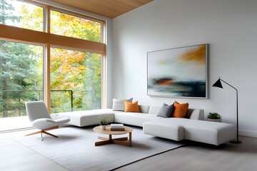 This contemporary living room exudes a refined and soothing Scandinavian aesthetic featuring a sprawling low profile sectional sofa with premium neutral toned fabrics and accents
