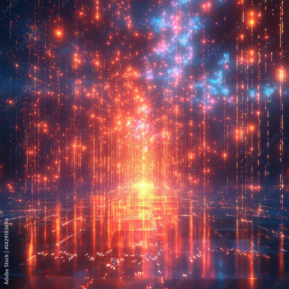 Poster abstract digital space with flowing light streams and galaxy background