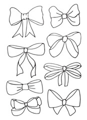 bows set. design elements in the form of various bows. holidays, decorations, hairpins. sticker pack vector illustration.