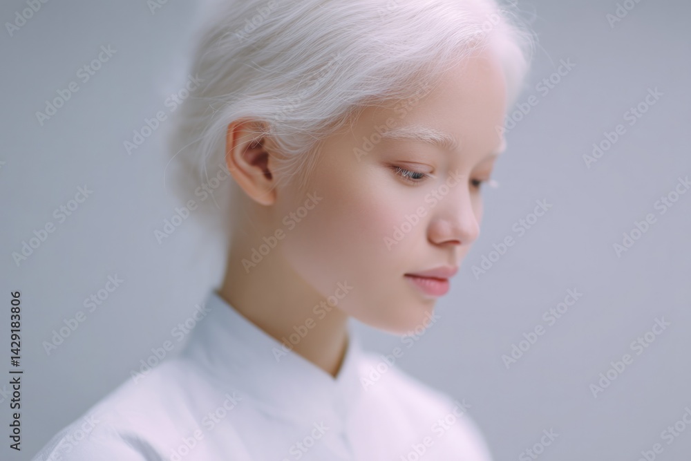 Poster portrait of person with albinism featuring blurred background to highlight their unique features