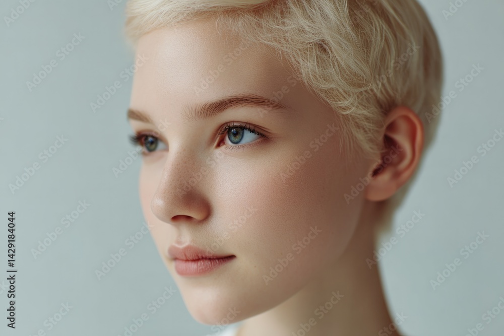 Poster portrait of person with albinism featuring blurred background to highlight their unique features