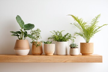 Obraz premium Indoor plants arranged on a wooden shelf in stylish pots create a serene atmosphere