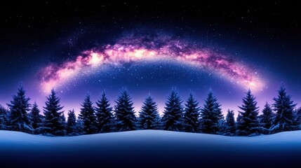 Milky Way Arcing Over Snowy Pine Forest at Night