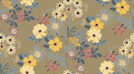Colorful pattern of flowers and leaves, repeating pattern, artistic like wallpaper.	