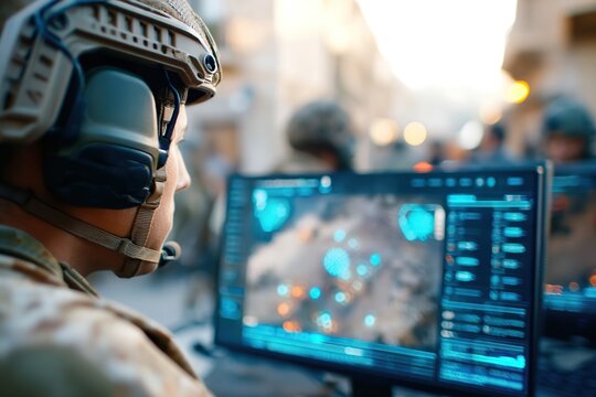 Operator engages AI technology for tactical operations in a military command center