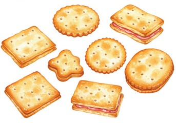 Assorted Crackers and Cookies Isolated - A delightful collection of various crackers and cookies, showcasing different shapes, textures, and some with sweet fillings. Symbolizing snack time, variety