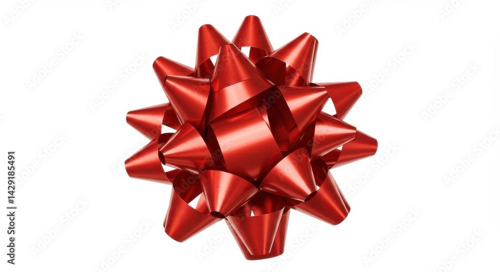 Aufkleber a shiny red gift bow with many loops centered on a plain white background in a studio shot
