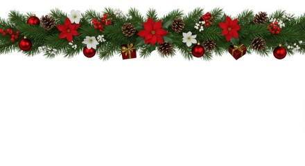 Festive christmas garland with poinsettias ornaments and pine cones on a white background