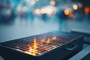 skewed perspective of sizzling barbecue grill smoke rising gently blurry indistinct people in background