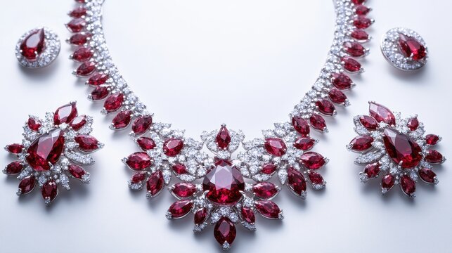 Luxurious ruby jewelry set with deep red rubies and diamonds on earrings, necklace, and ring, isolate on white background