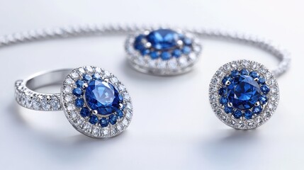 Classic platinum jewelry set with round-cut sapphires and diamonds on earrings, necklace, and ring, isolate on white background