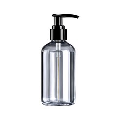 Obraz premium A clear, empty plastic pump bottle with a black pump dispenser, isolated on a white background.