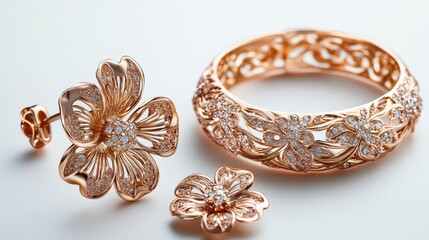 Naklejka premium Stylish rose gold jewelry set with floral-inspired designs on earrings, necklace, and ring, isolate on white background