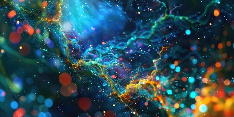 Abstract representation of human and AI minds merging. A complex tapestry of vibrant neural networks and digital data streams with colorful synapses and glowing binary codes. Deep cosmic blue