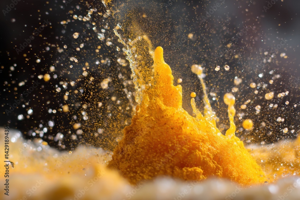 Poster Dynamic splash of mango-flavored liquid with vibrant yellow droplets in motion
