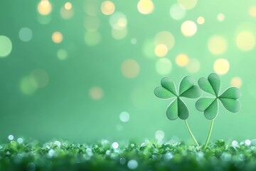 Fototapeta premium Two Shamrocks Growing in Green Grass With Bokeh Lights