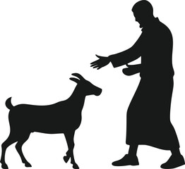 Man interacting with a goat silhouette. Eid Al-Adha Silhouette. Goat Vector.