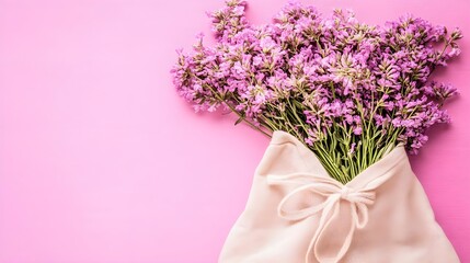 Obraz premium Eco-friendly minimalist tote bag with flowers studio photography bright pink background creative design