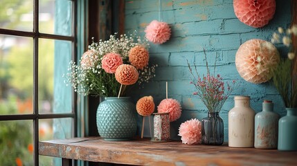 Rustic Windowsill Still Life with Peach Pom-Poms and Flowers