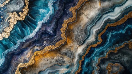 Vibrant abstract artwork showcases deep blue hues, golden streaks, and intricate patterns that mimic the beauty of natural stone and flowing water