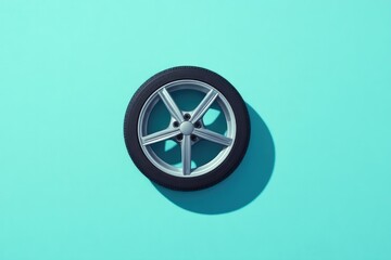 Fototapeta premium top-down view of single tire and wheel on solid color background