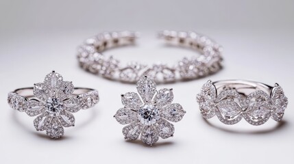 Fototapeta premium Glamorous silver jewelry set with diamond-studded earrings, necklace, and ring, isolate on white background