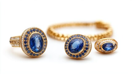 Fototapeta premium Stylish gold jewelry set with matching oval-cut sapphires on earrings, necklace, and ring, isolate on white background