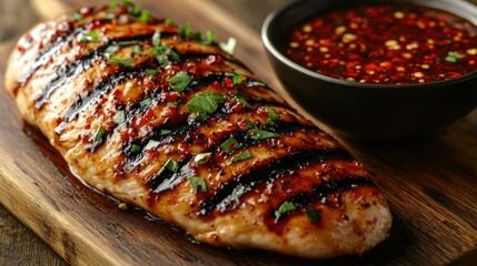 Grilled chicken breast with sauce, herbs, wood board