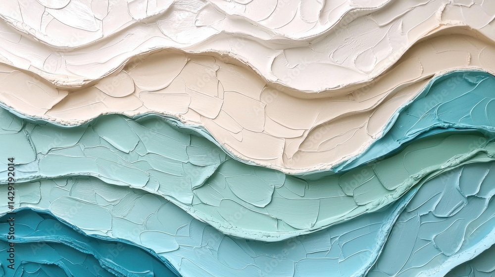 Poster an abstract representation of ocean waves using textured layers in various shades of blue and white 
