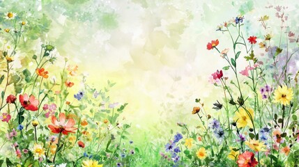 Fototapeta premium A colorful wildflower meadow bursts with a variety of blooms in spring, illuminated by gentle sunlight filtering through the trees. Green grass surrounds the vibrant flora