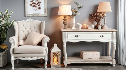 Elegant, light-filled living room featuring a charming accent chair and console table.