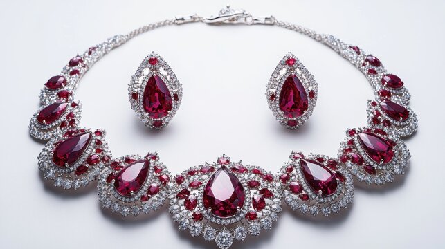 Luxurious ruby jewelry set with radiant red rubies and diamonds on earrings, necklace, and matching ring, isolate on white background