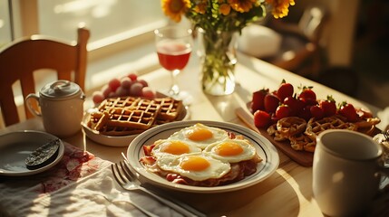 A sun-drenched breakfast feast with waffles, eggs, and fruit.