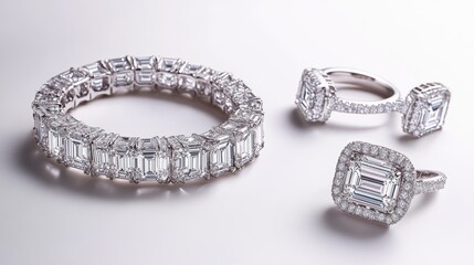 Elegant platinum jewelry set with baguette-cut diamonds on earrings, necklace, and ring, isolate on white background
